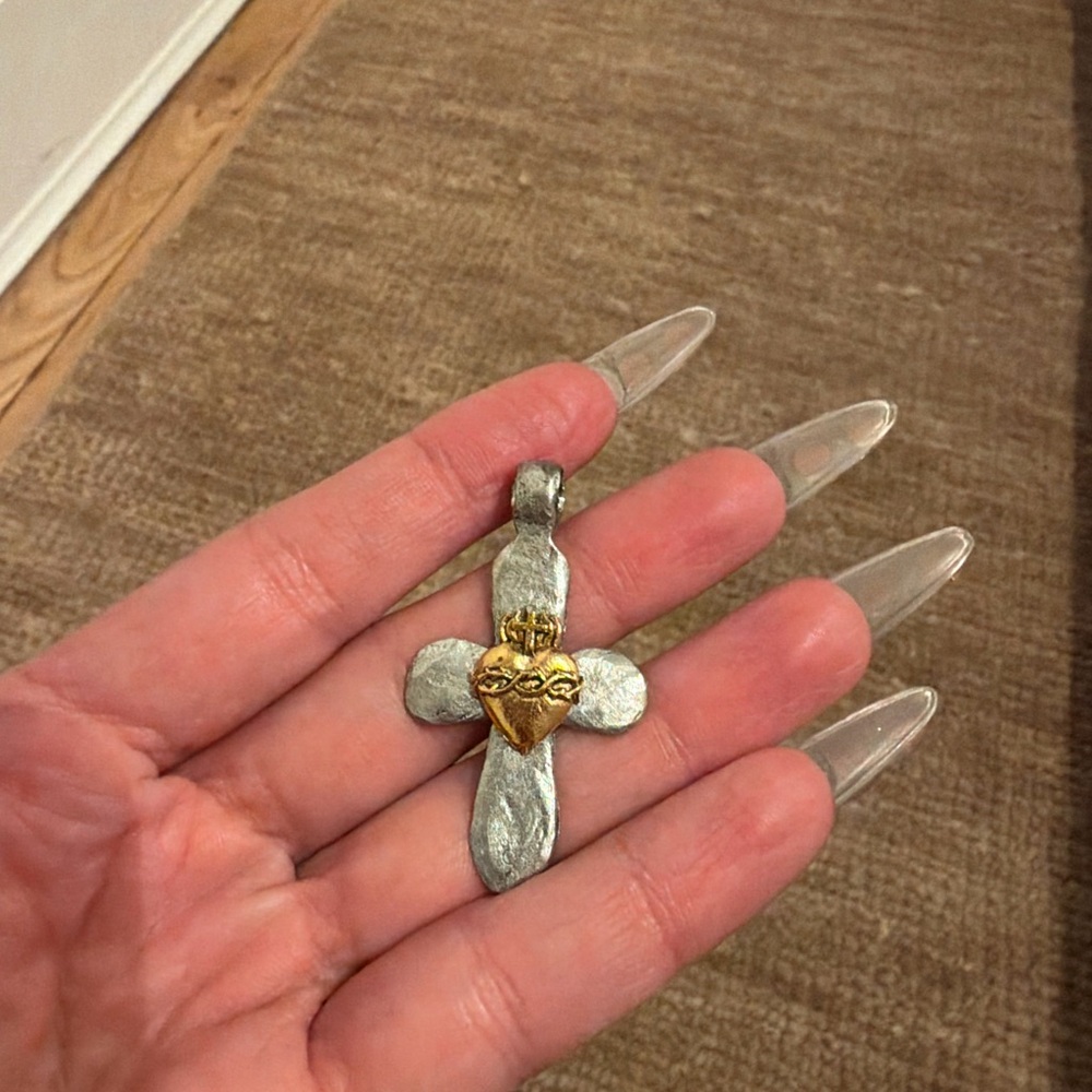 Silver Cross Pendant with Gold Sacred Heart Accent - Women's Necklace Charm